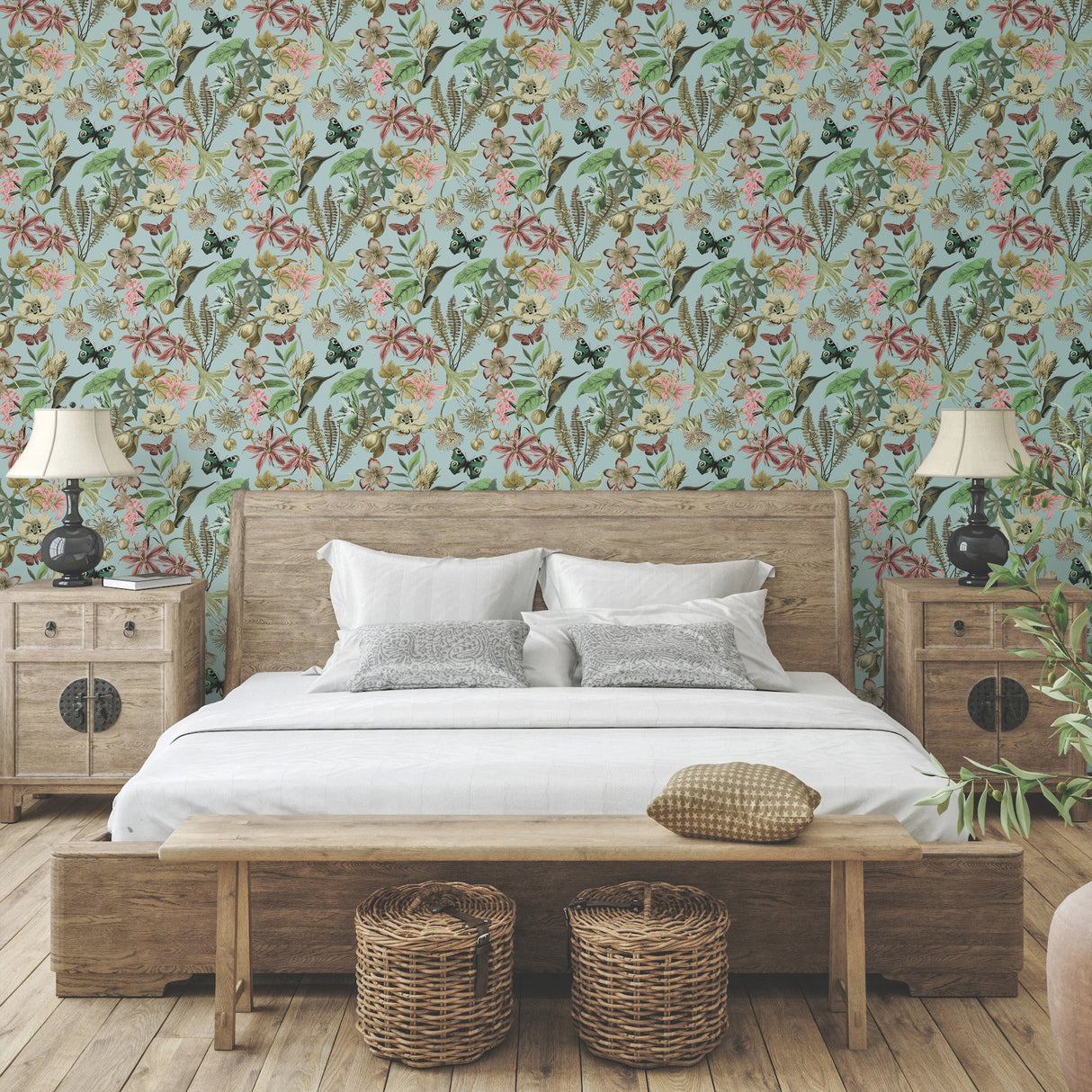 Butterfly House Sky Blue Wallpaper with Botanical Floral and Butterfly Motif - York BL1725