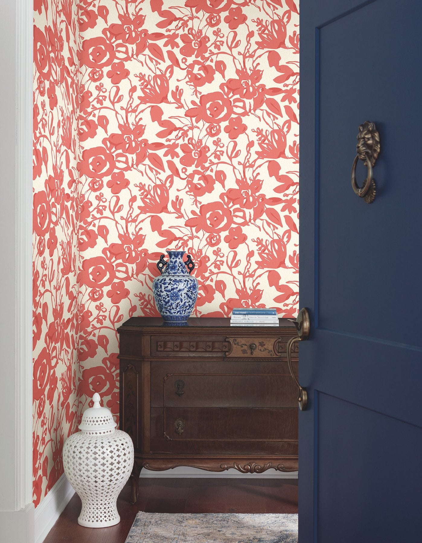 Brushstroke Floral Coral Non Woven Wallpaper with Bohemian Painterly Floral - York BL1731
