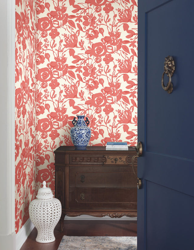 Brushstroke Floral Coral Non Woven Wallpaper with Bohemian Painterly Floral - York BL1731