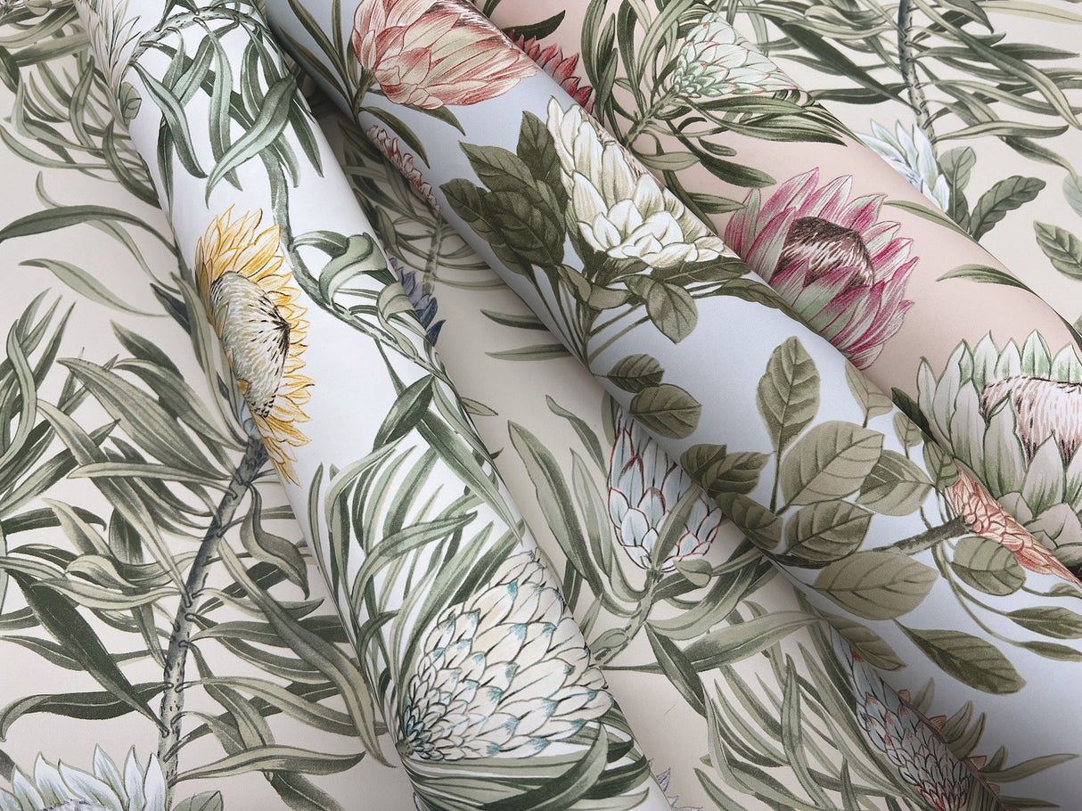 Protea Dusty Blue & Coral Floral Non Woven Wallpaper - York BL1755
