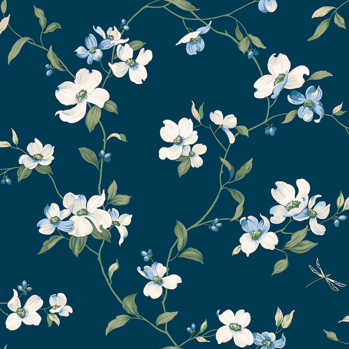 Dogwood Navy Wallpaper with Floral Dogwood Blossom Motif - York BL1761