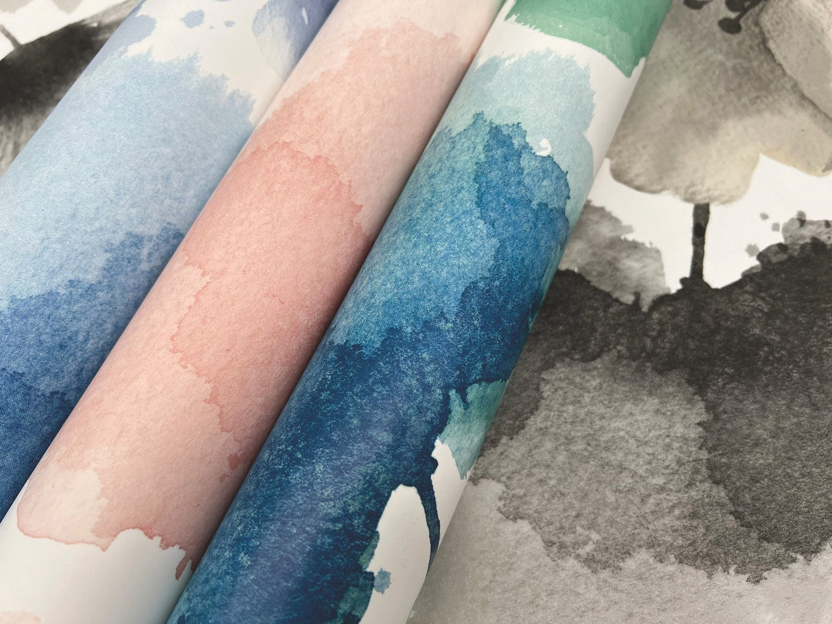 Watercolor Bouquet Blue & Green Wallpaper with Floral Watercolor Motif - York BL1774