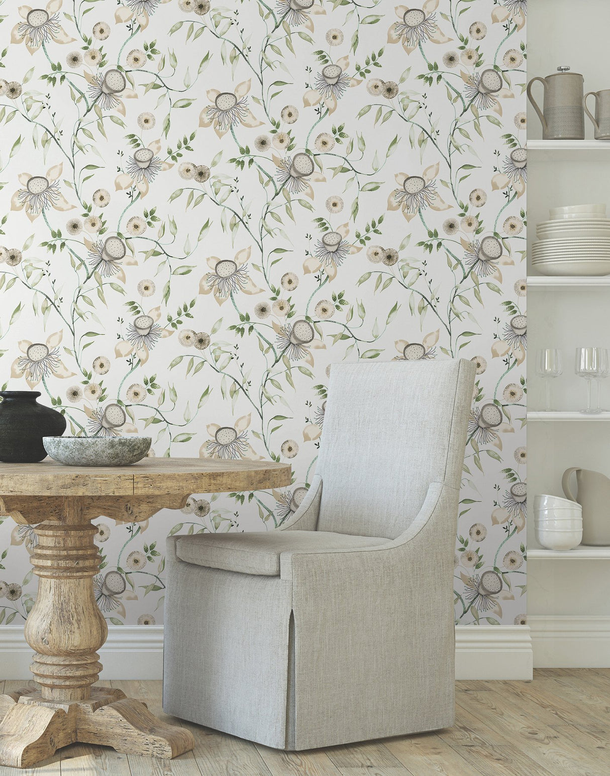 Dream Blossom White & Green Wallpaper with Chinoiserie Floral Motif - York BL1793