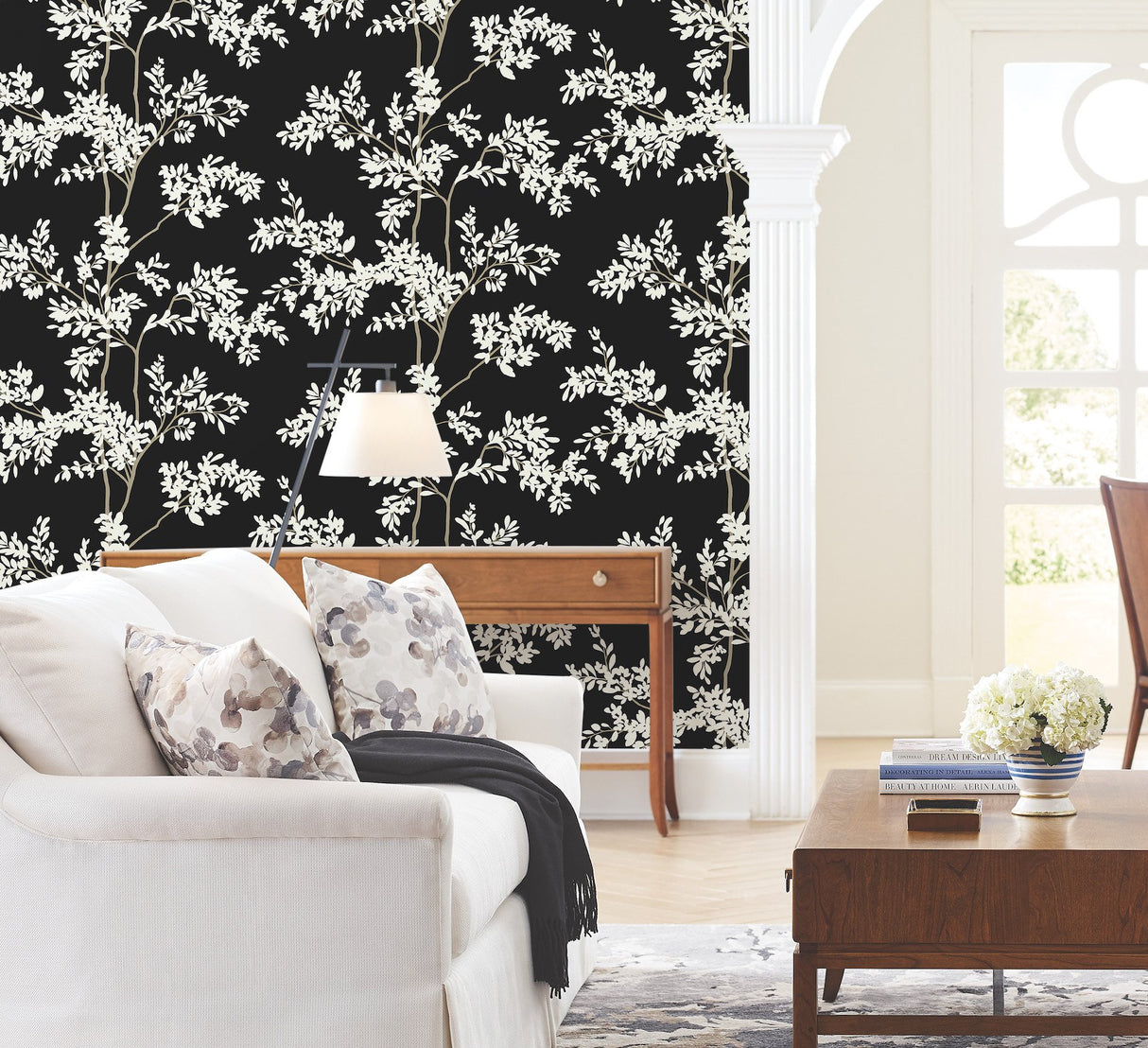 Lunaria Silhouette Black & White Wallpaper with Botanical Non Woven Drop Match - York BL1804