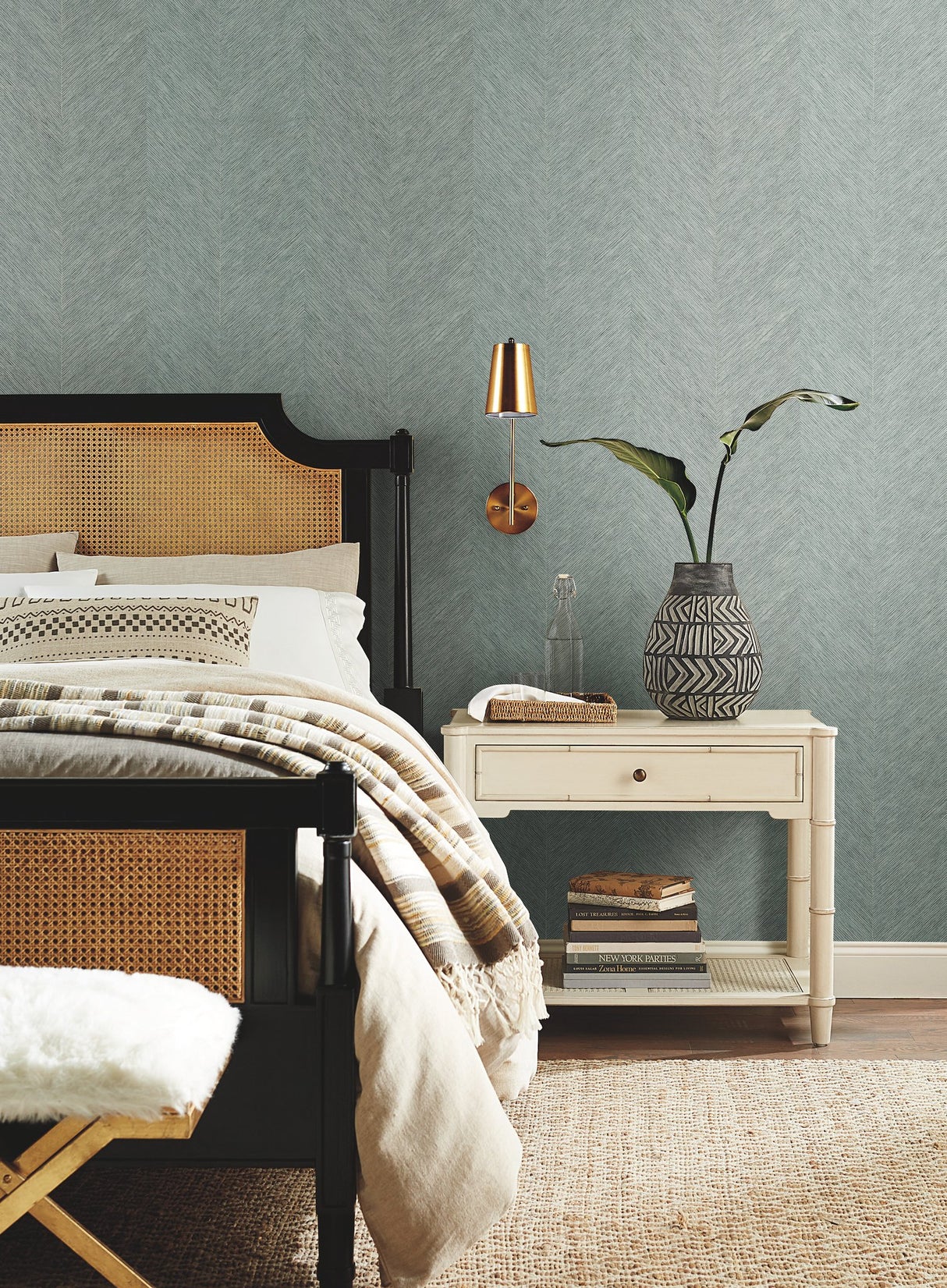 Chevron Blue Metallic Wallpaper with Metallic Chevron Pattern, Boho Luxe Non Woven - York BO6605