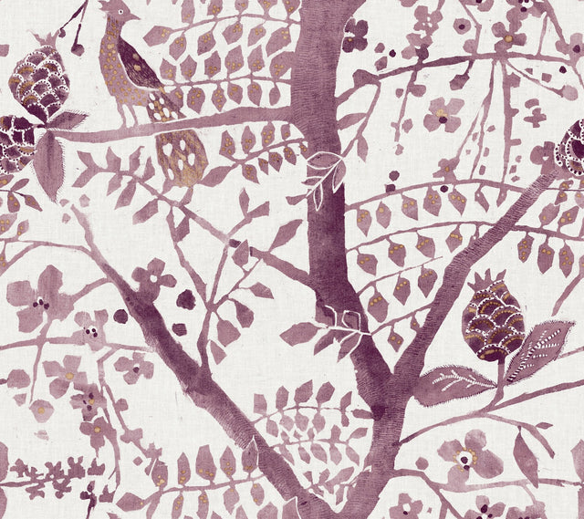 Peacock Block Print Purple Wallpaper with Bohemian Abstract Bird & Branch Motif - York BO6631