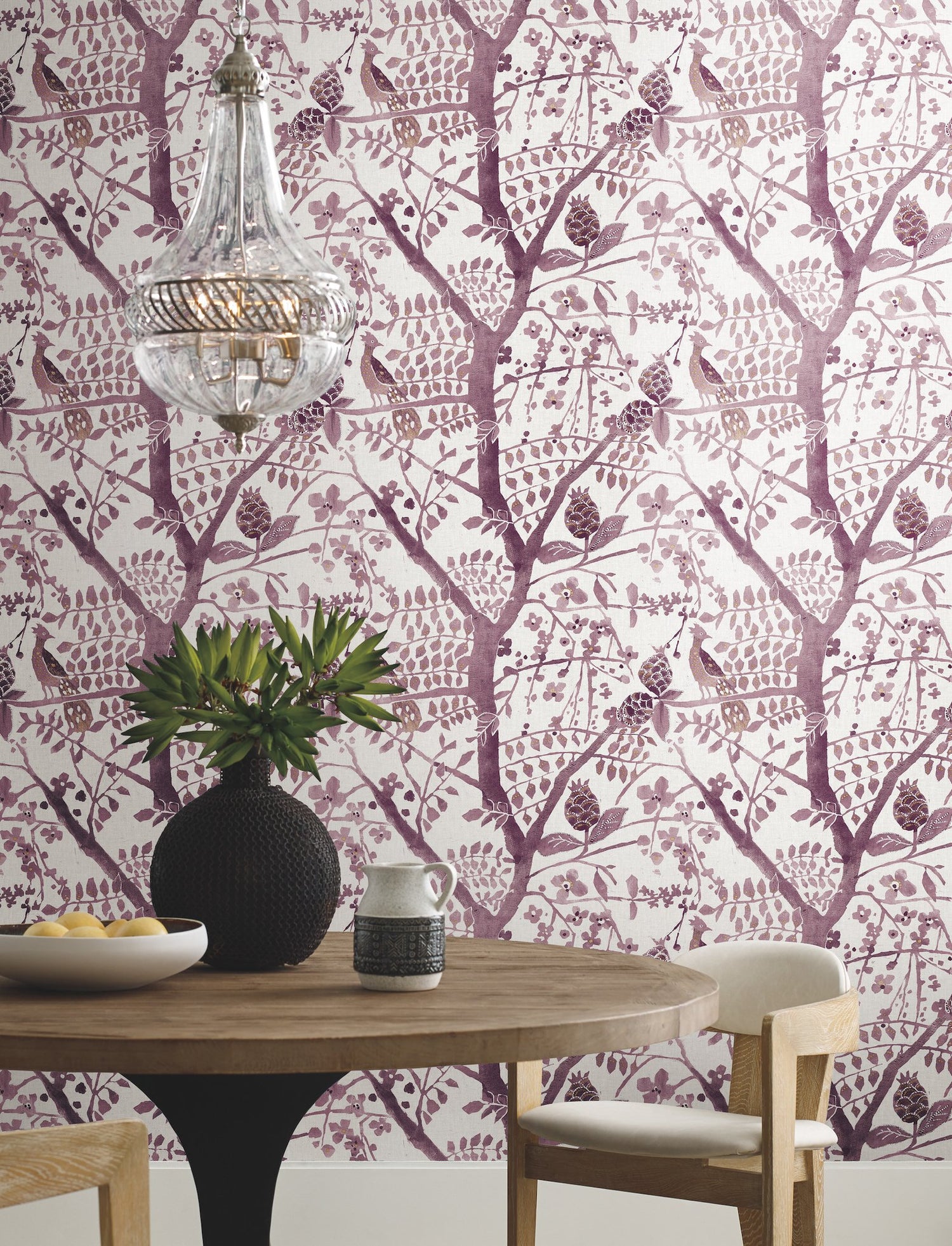 Peacock Block Print Purple Wallpaper with Bohemian Abstract Bird & Branch Motif - York BO6631