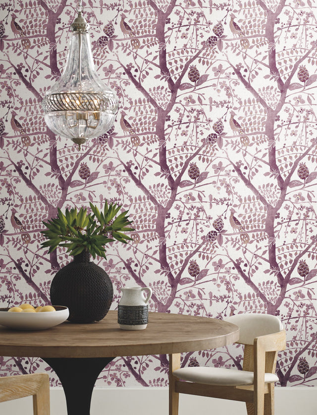 Peacock Block Print Purple Wallpaper with Bohemian Abstract Bird & Branch Motif - York BO6631