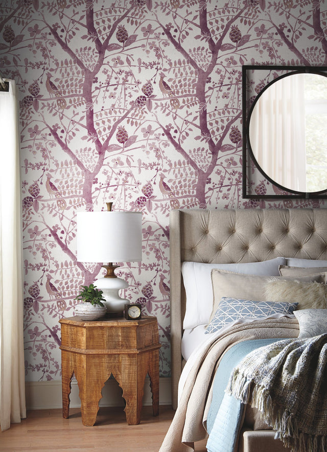 Peacock Block Print Purple Wallpaper with Bohemian Abstract Bird & Branch Motif - York BO6631