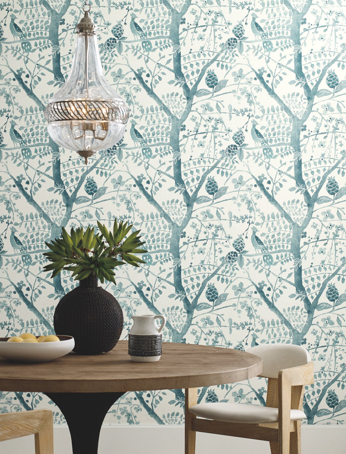 Peacock Block Print Teal Wallpaper with Abstract Bird and Branch Motif - York BO6632