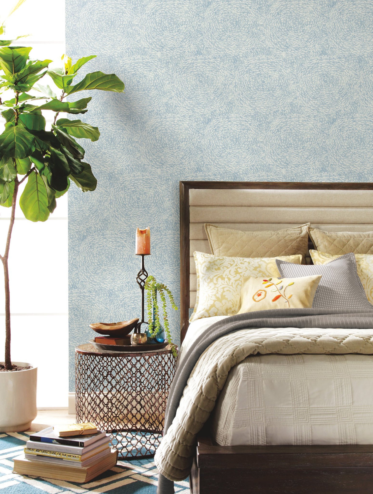 Floret Blue Wallpaper with Bohemian Floral Motif - York BO6754