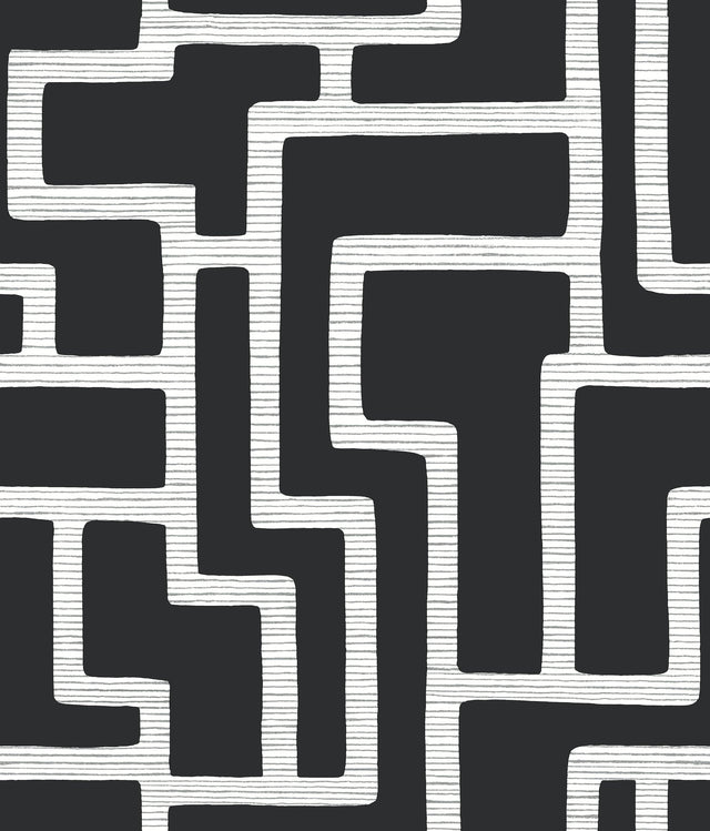 Graphic Polyomino Black & White Wallpaper with Geometric Maze Stripe Motif - York BW3831