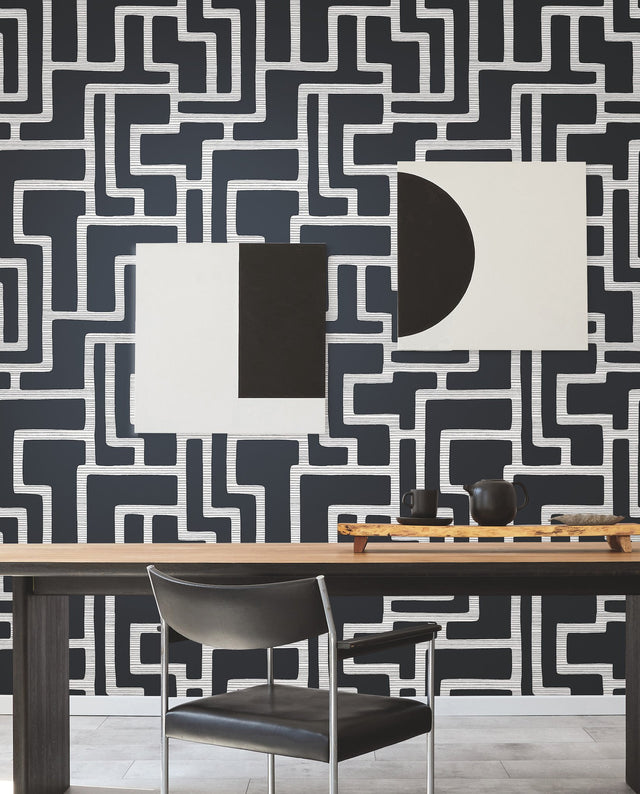 Graphic Polyomino Black & White Wallpaper with Geometric Maze Stripe Motif - York BW3831