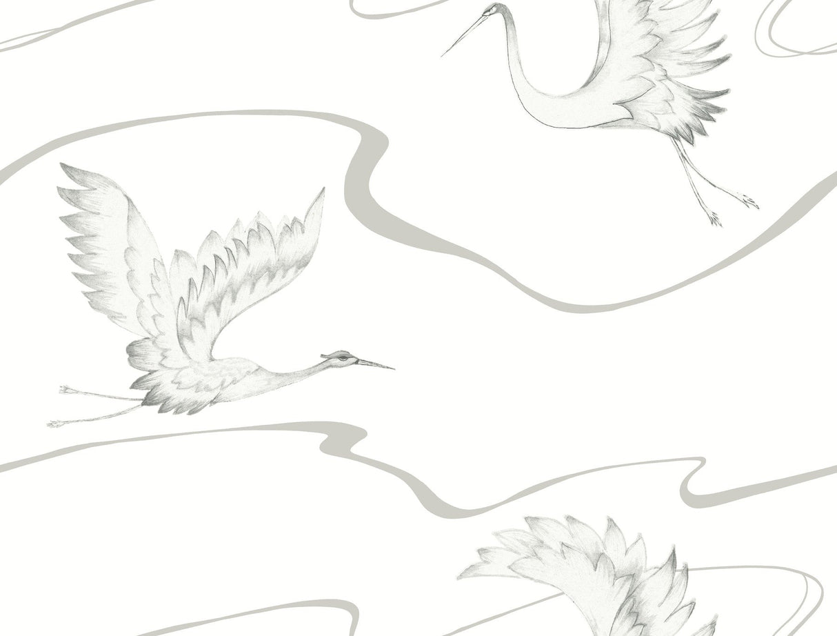Soaring Cranes White & Silver Wallpaper with Asian-Inspired Birds Motif - York BW3873