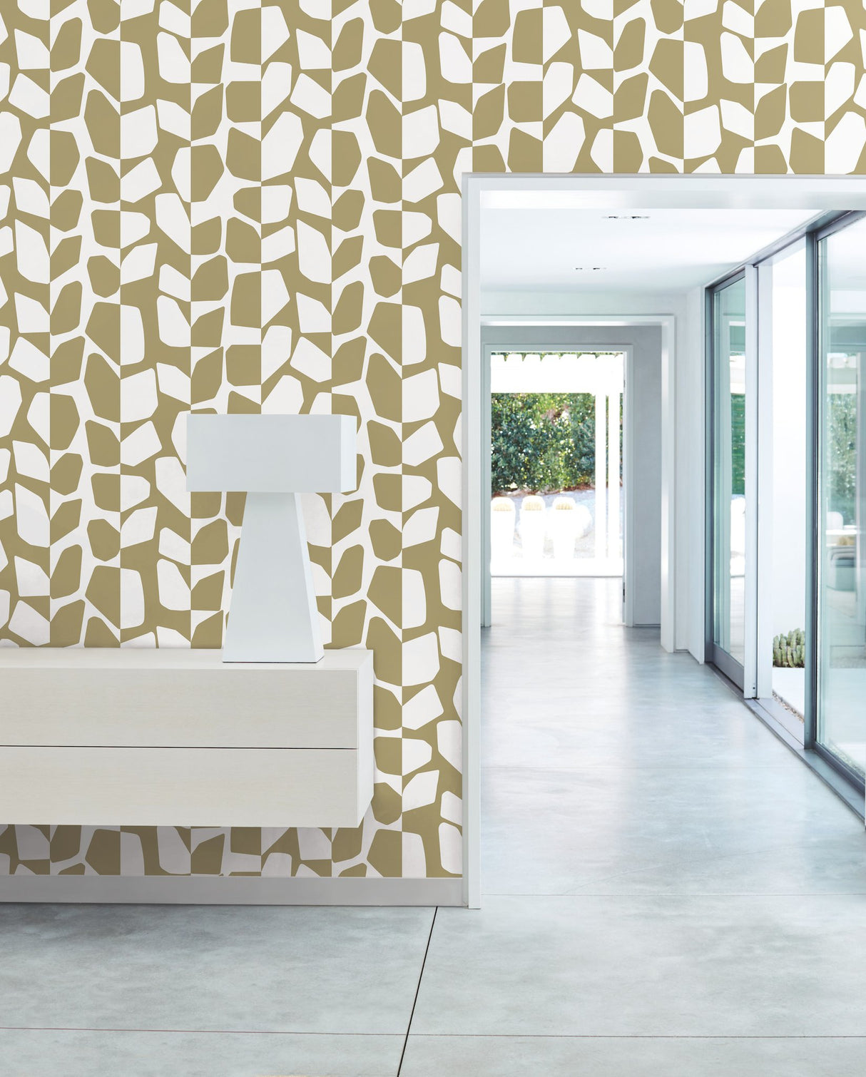 Primitive Vines Gold Metallic Wallpaper with Geometric Vining Leaf Motif - York BW3892