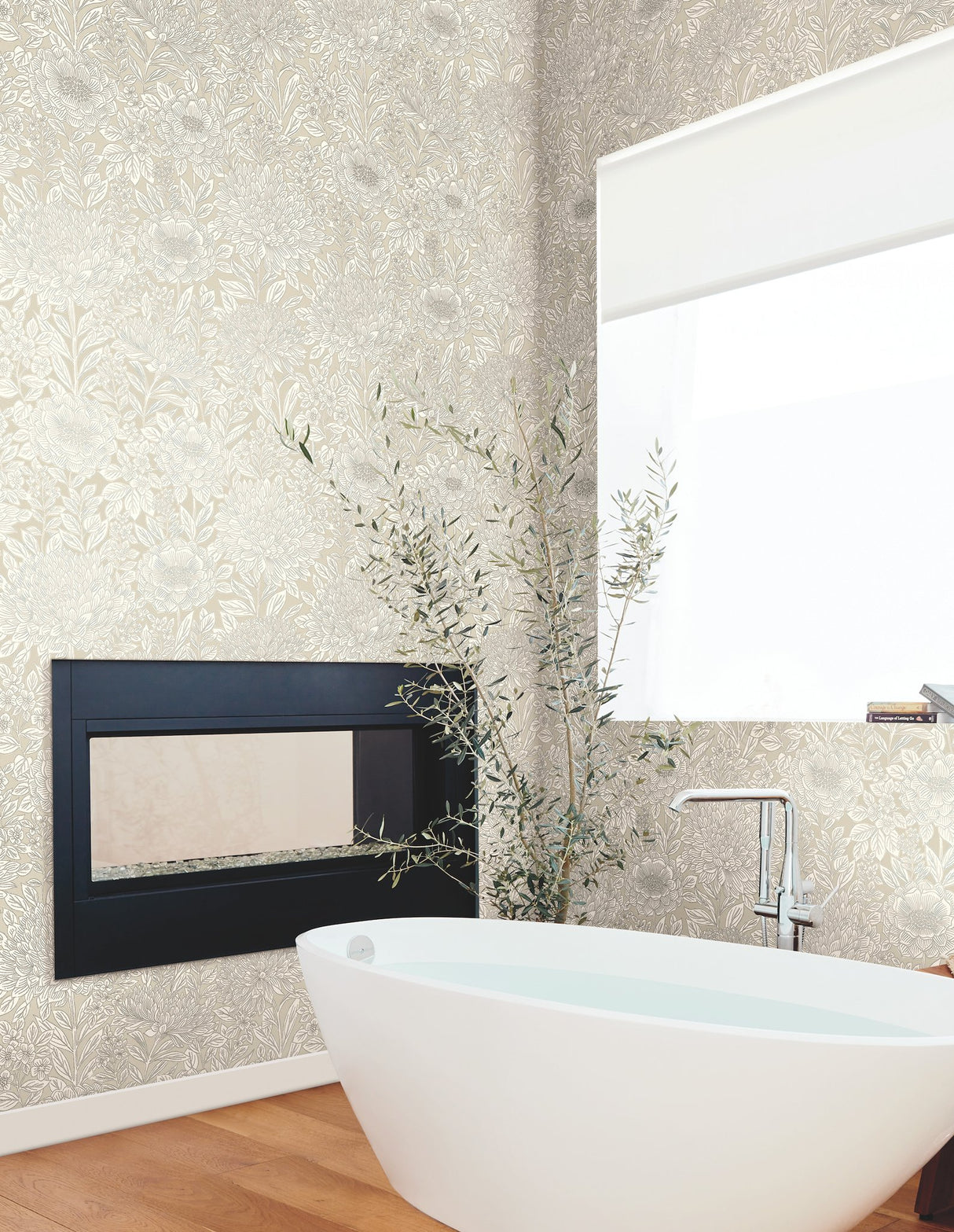 Wood Block Blooms Taupe & Silver Wallpaper with Metallic Floral Outline - York BW3922
