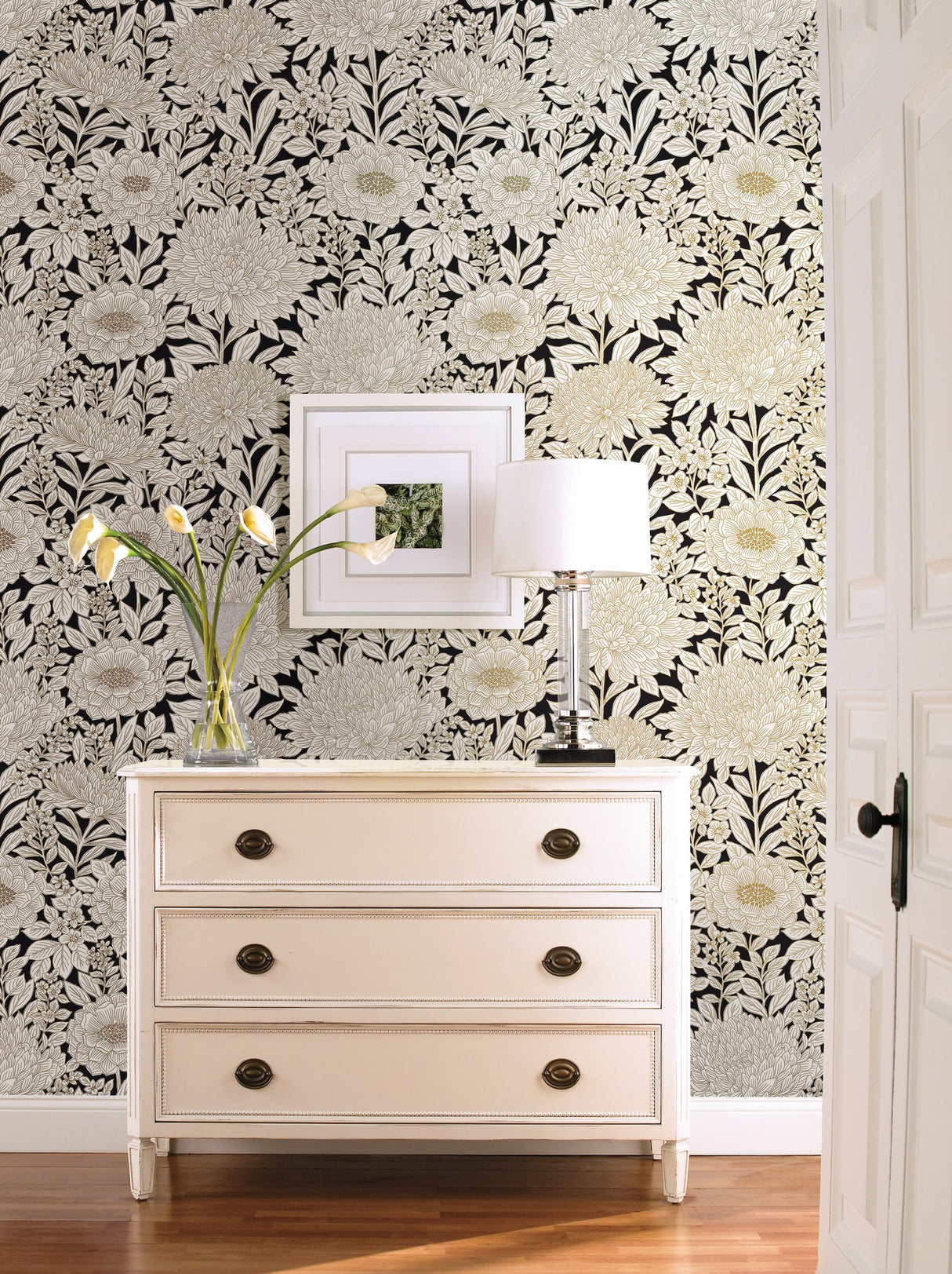Wood Block Blooms Black & Gold Wallpaper with Metallic Floral Outline - York BW3923