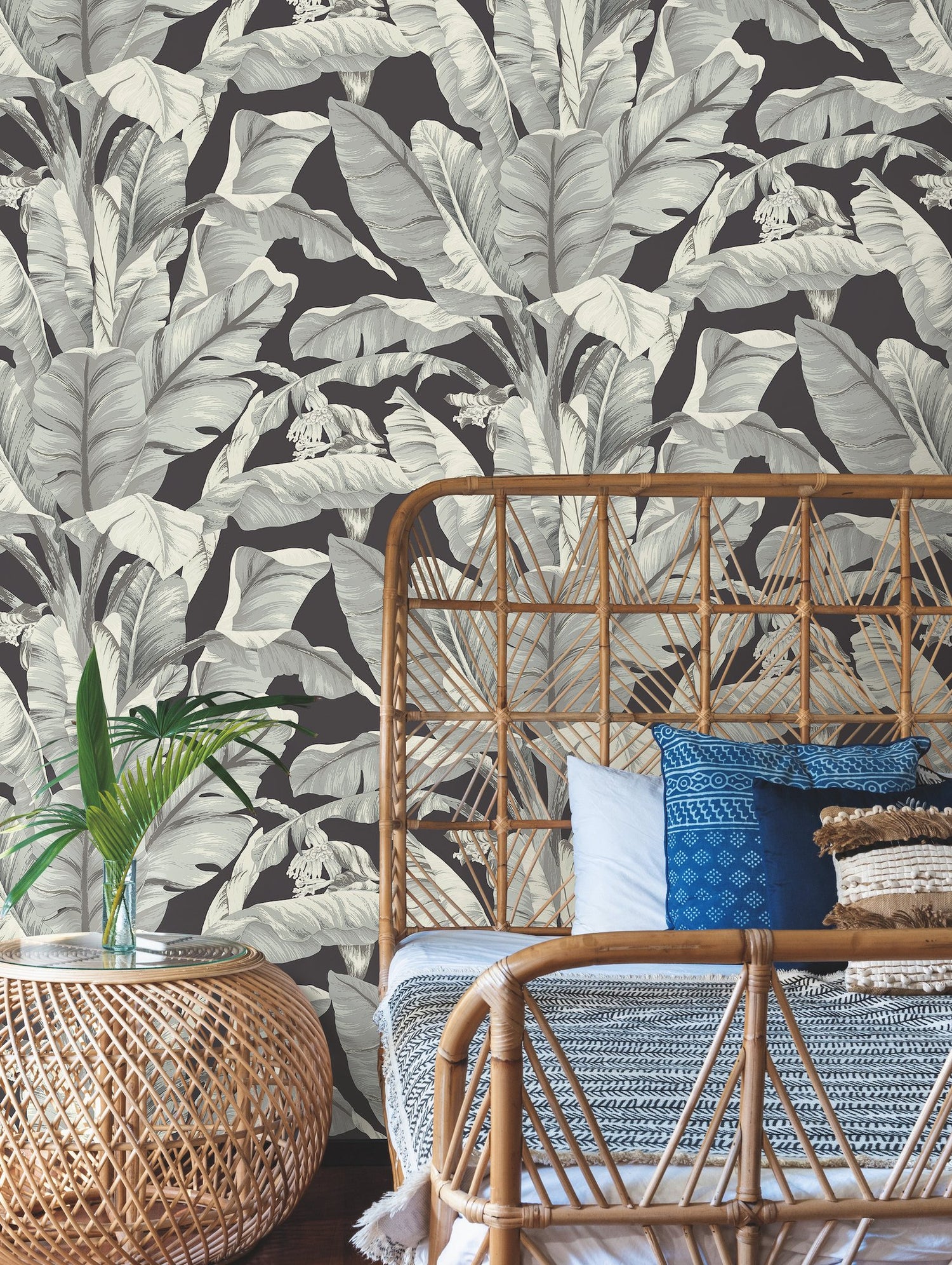 Banana Leaf Black & White Wallpaper with Tropical Banana Leaf Pattern, Prepasted Sure Strip - York BW3971