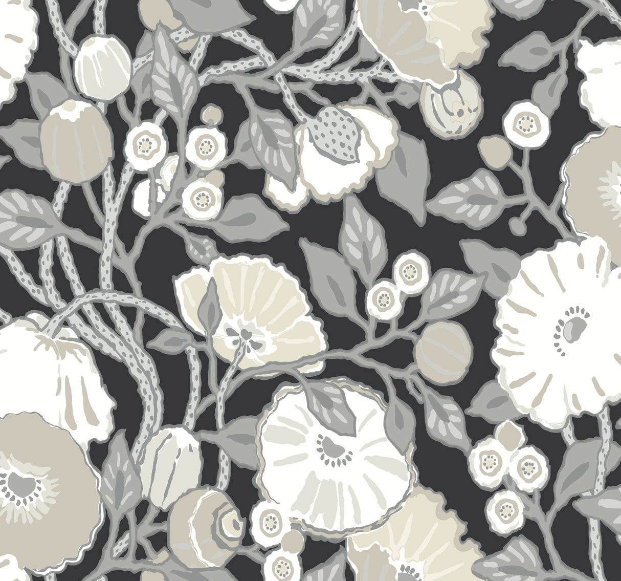 Vincent Poppies Black & Cream Wallpaper with Floral Sure Strip Pattern - York BW3981