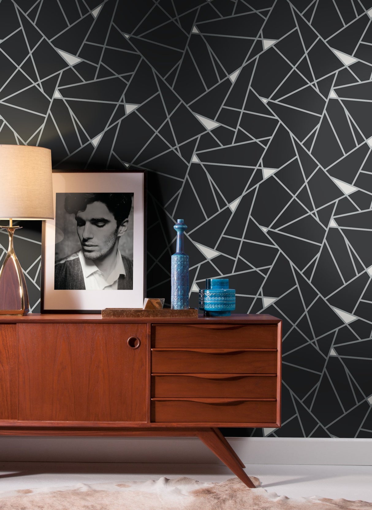 Prismatic Black & Silver Geometric Wallpaper with Metallic Prism Motif - York BW3985