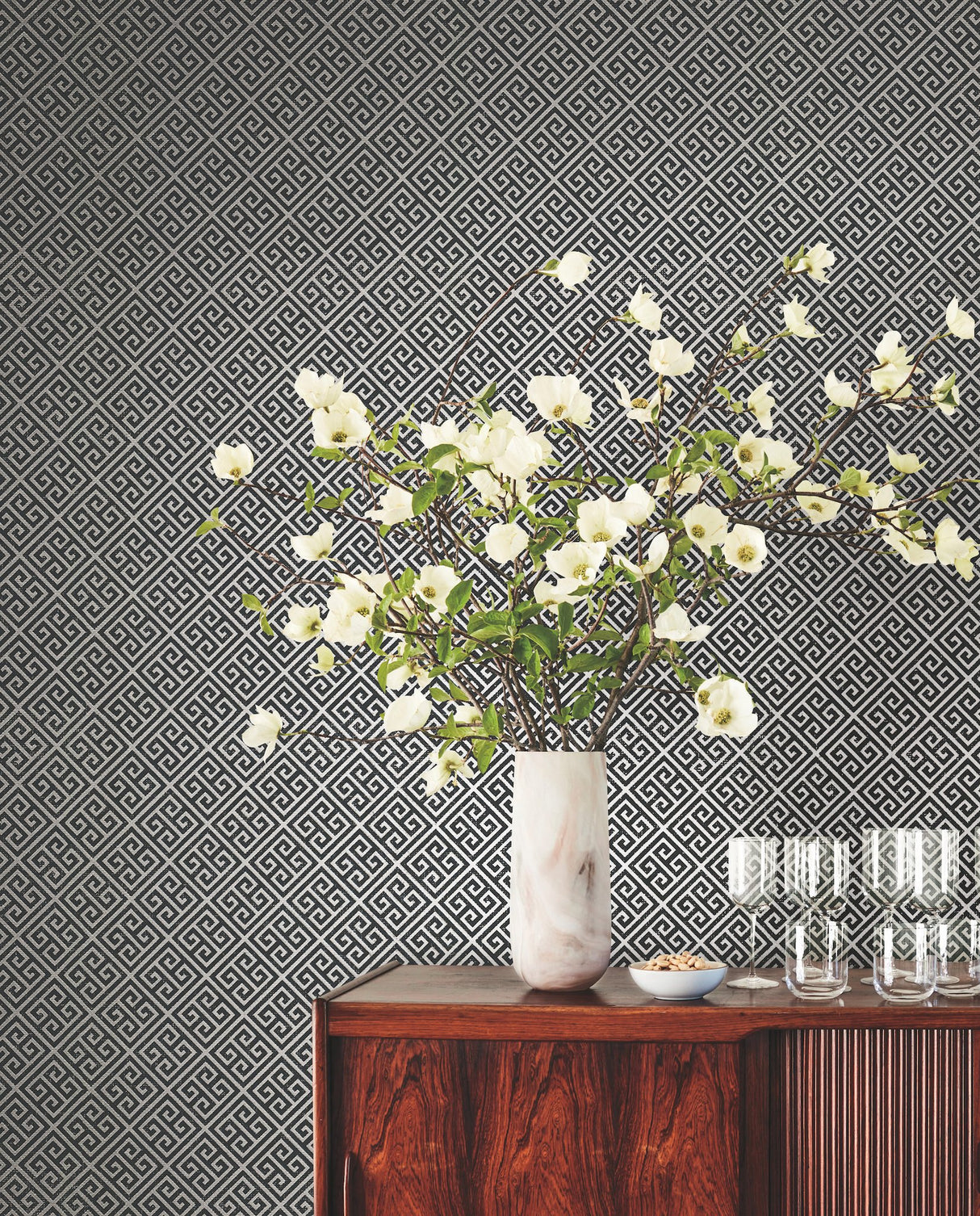 Grecian Geometric Silver & Black Wallpaper with Greek Key Paper Weave Grasscloth - York BW3993