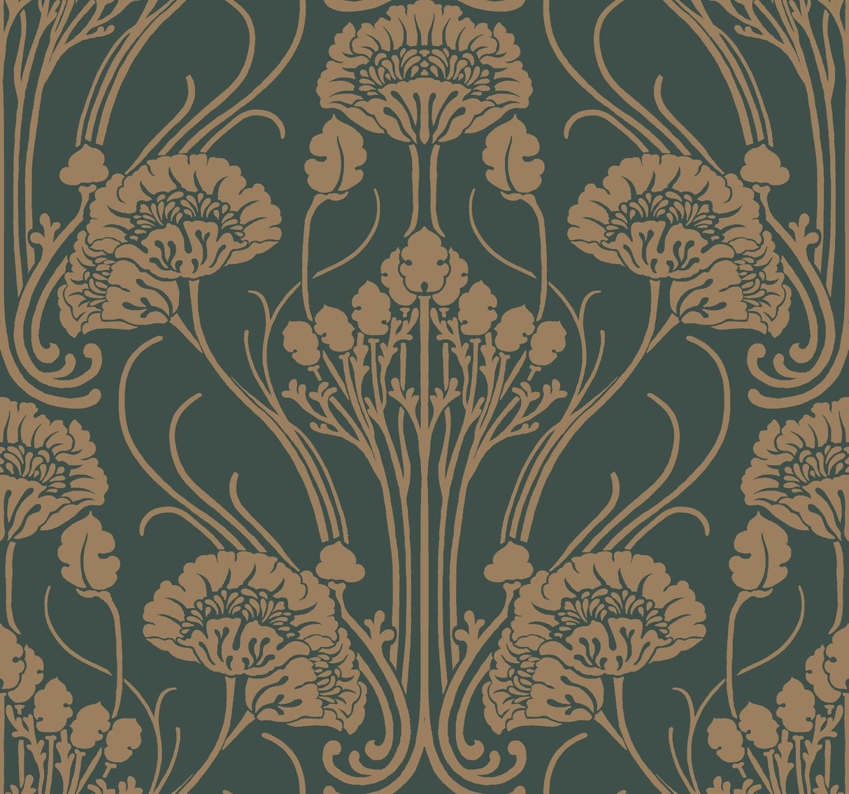 Nouveae Damask Green Wallpaper with Botanical Art Nouveau Style - York CA1566