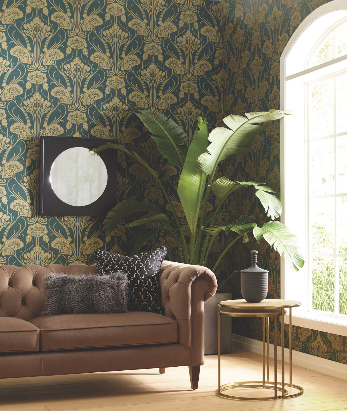 Nouveae Damask Green Wallpaper with Botanical Art Nouveau Style - York CA1566