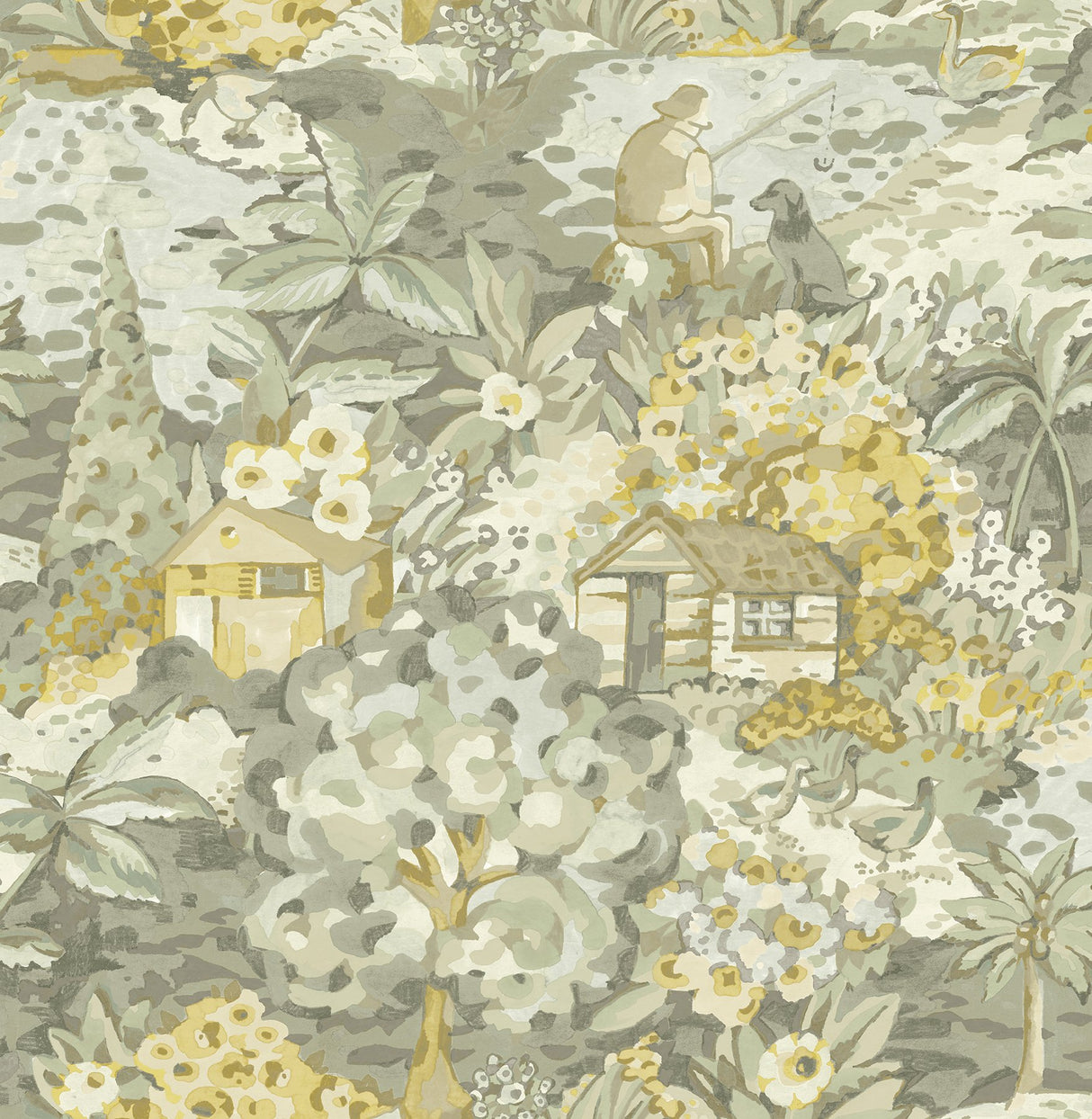 le Forestier Yellow Grey Peel & Stick Wallpaper with Whimsical Botanical Floral Motif - CBS4505