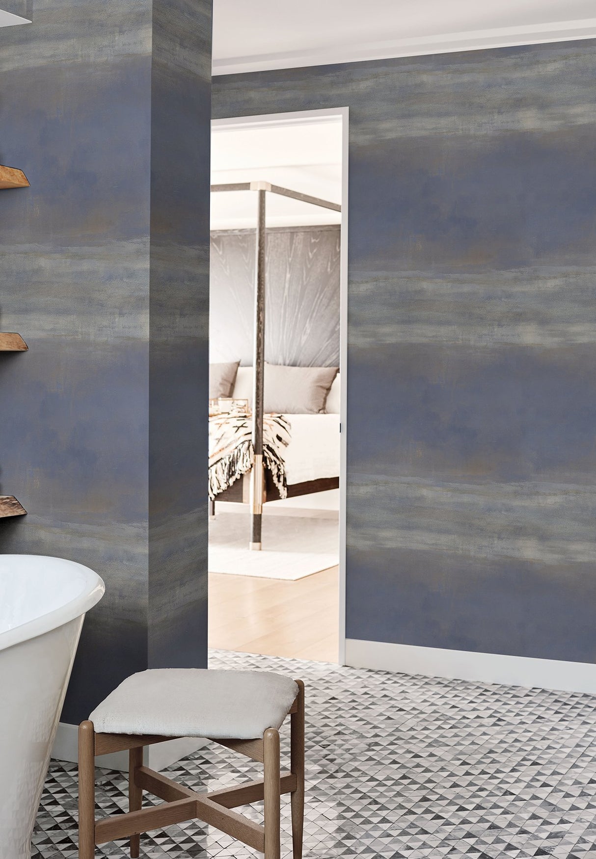 Serene Reflection Navy Wallpaper with Textured Abstract Horizontal Band - York CC1255