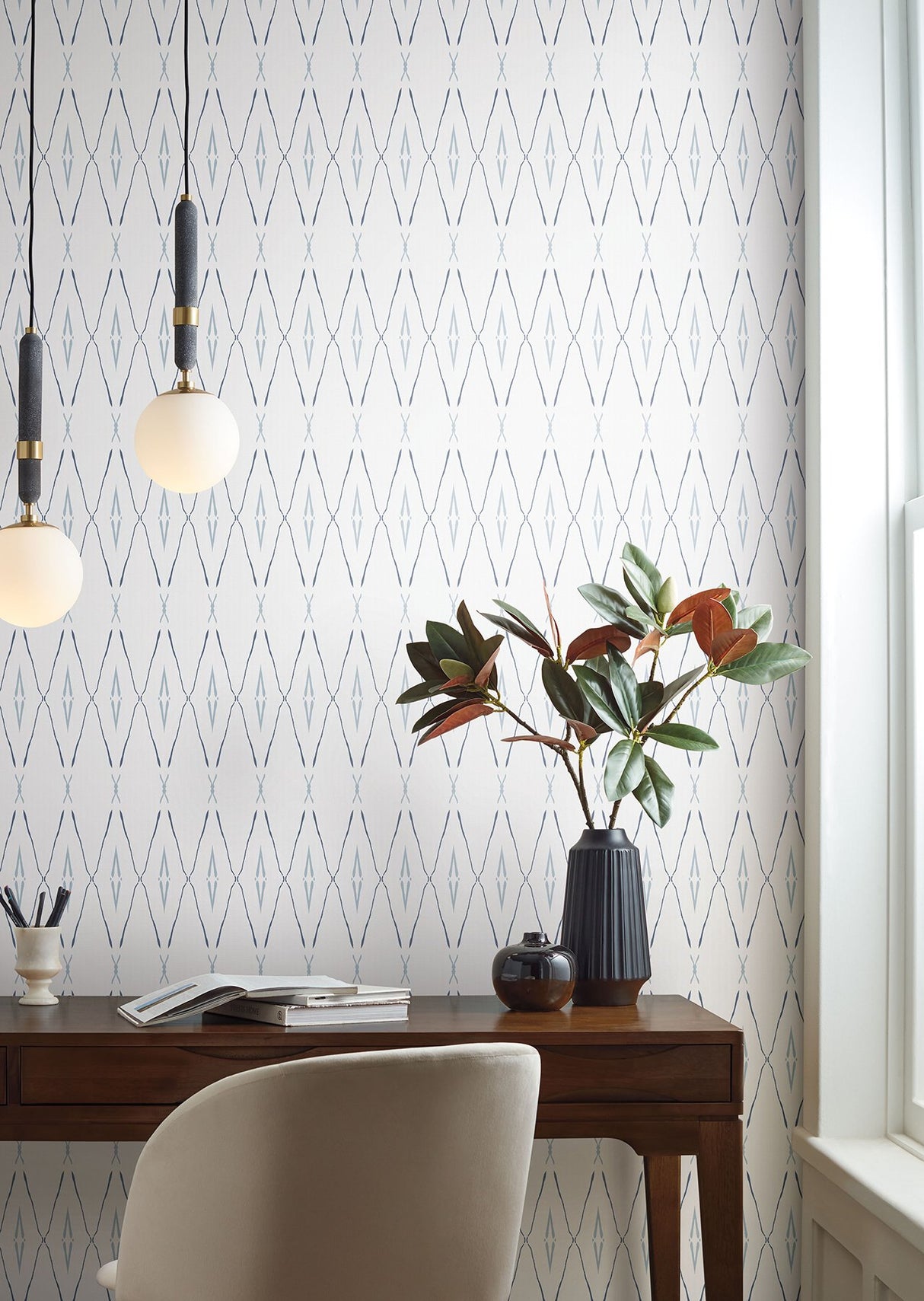 Artifact Silhouettes Indigo Wallpaper with Geometric Diamond Paper Weave Grasscloth - York CC1284