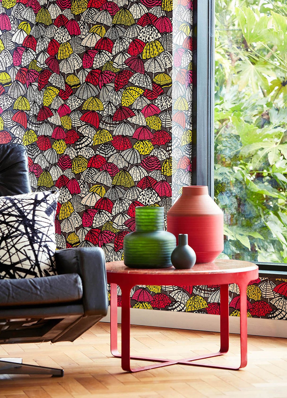 Dara Red Jolly Brollies Wallpaper with Geometric Graphic Umbrella Motif - ohpopsi CEP50116W
