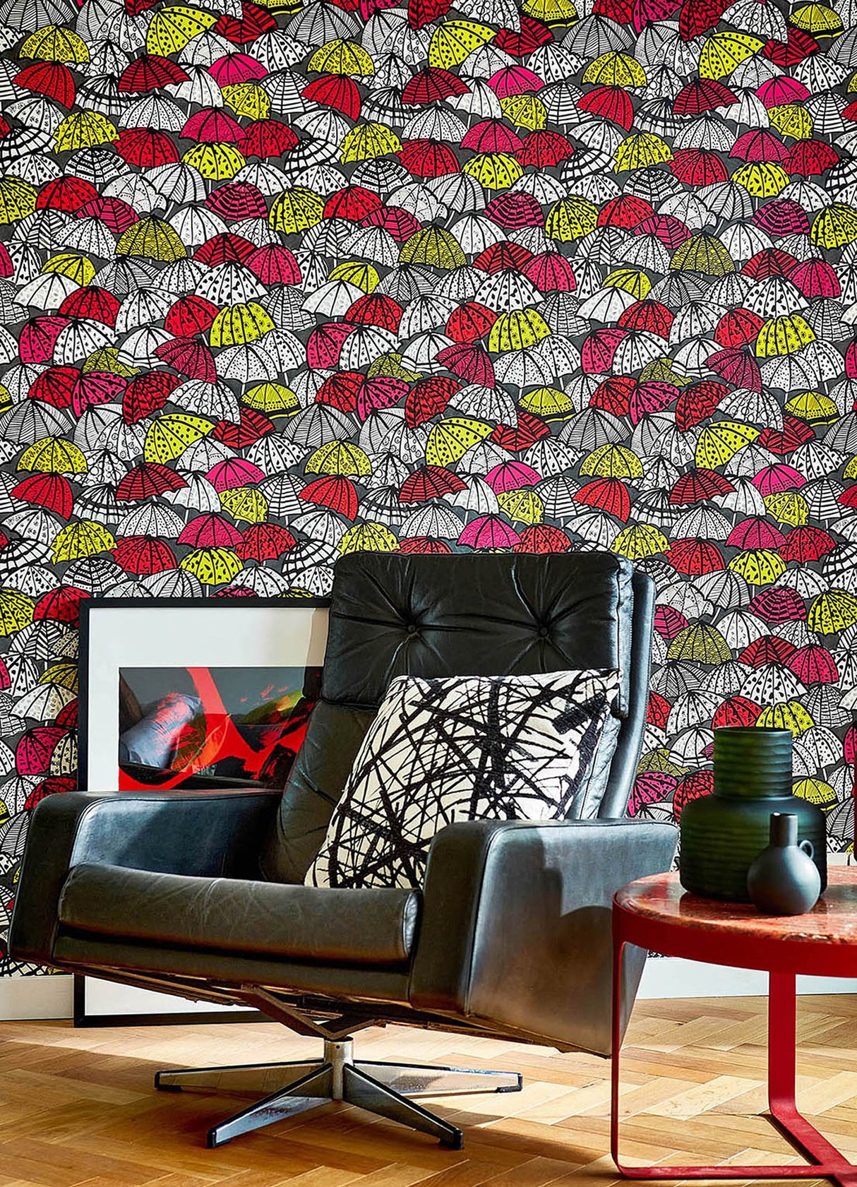 Dara Red Jolly Brollies Wallpaper with Geometric Graphic Umbrella Motif - ohpopsi CEP50116W