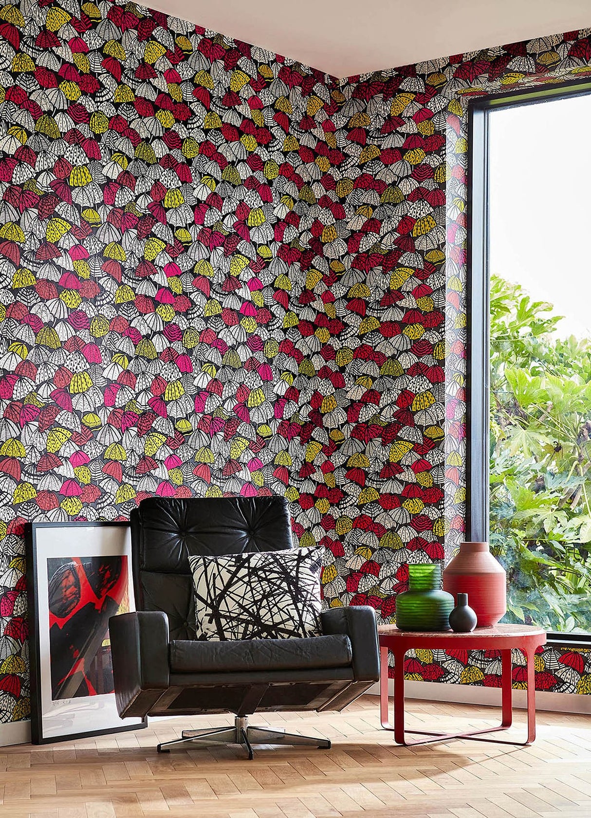Dara Red Jolly Brollies Wallpaper with Geometric Graphic Umbrella Motif - ohpopsi CEP50116W