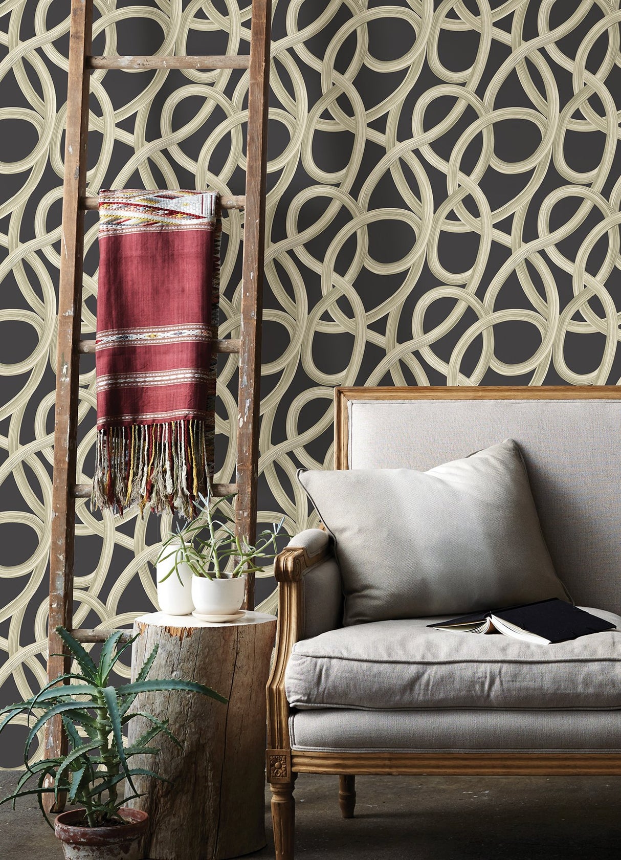 Calix Black Twisted Geo Wallpaper with Abstract Feature Wall Brushstroke Pattern - ohpopsi CEP50126W