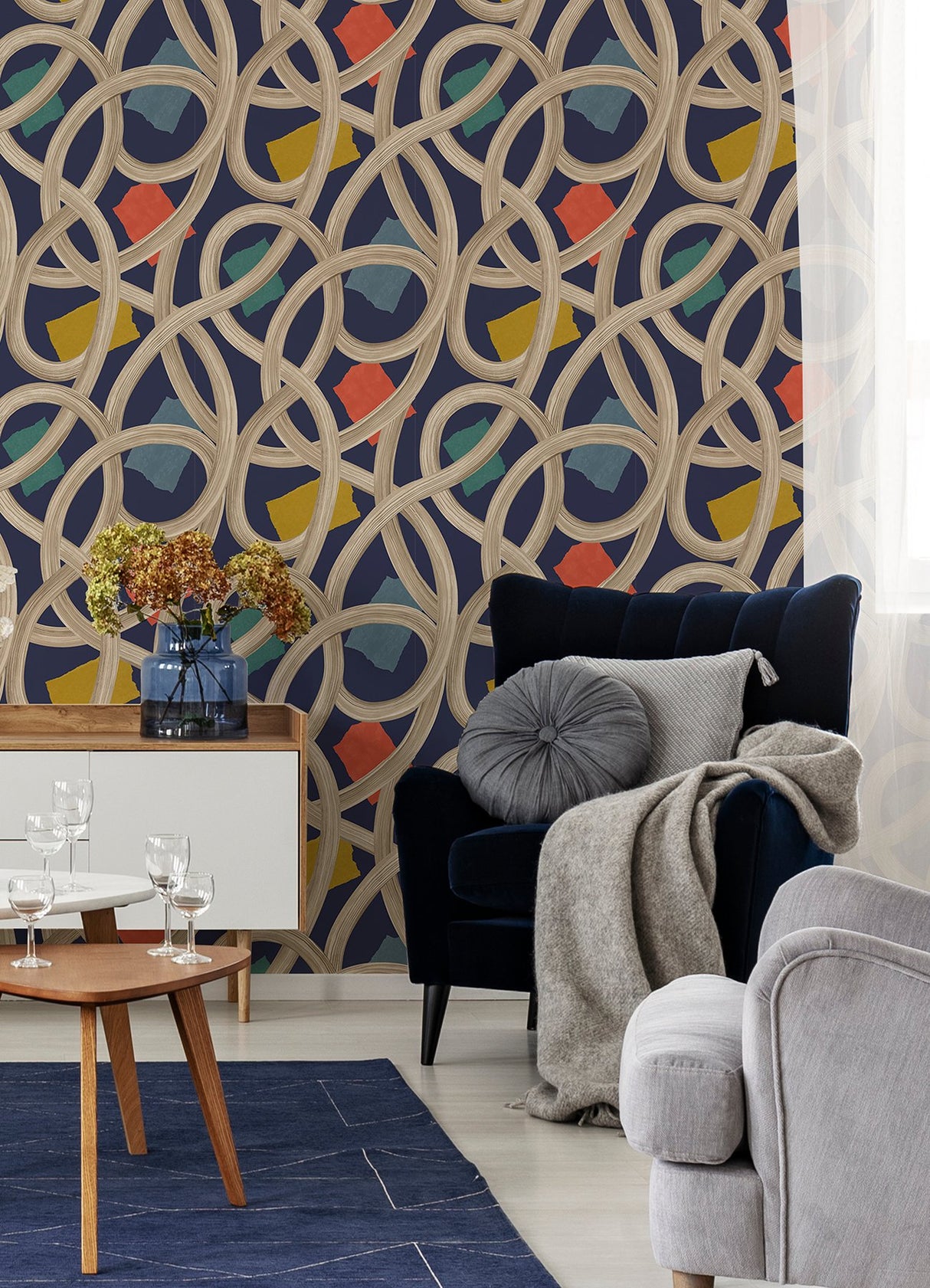 Calix Indigo Twisted Geo Wallpaper with Abstract Feature Wall Pattern - Brewster CEP50129W