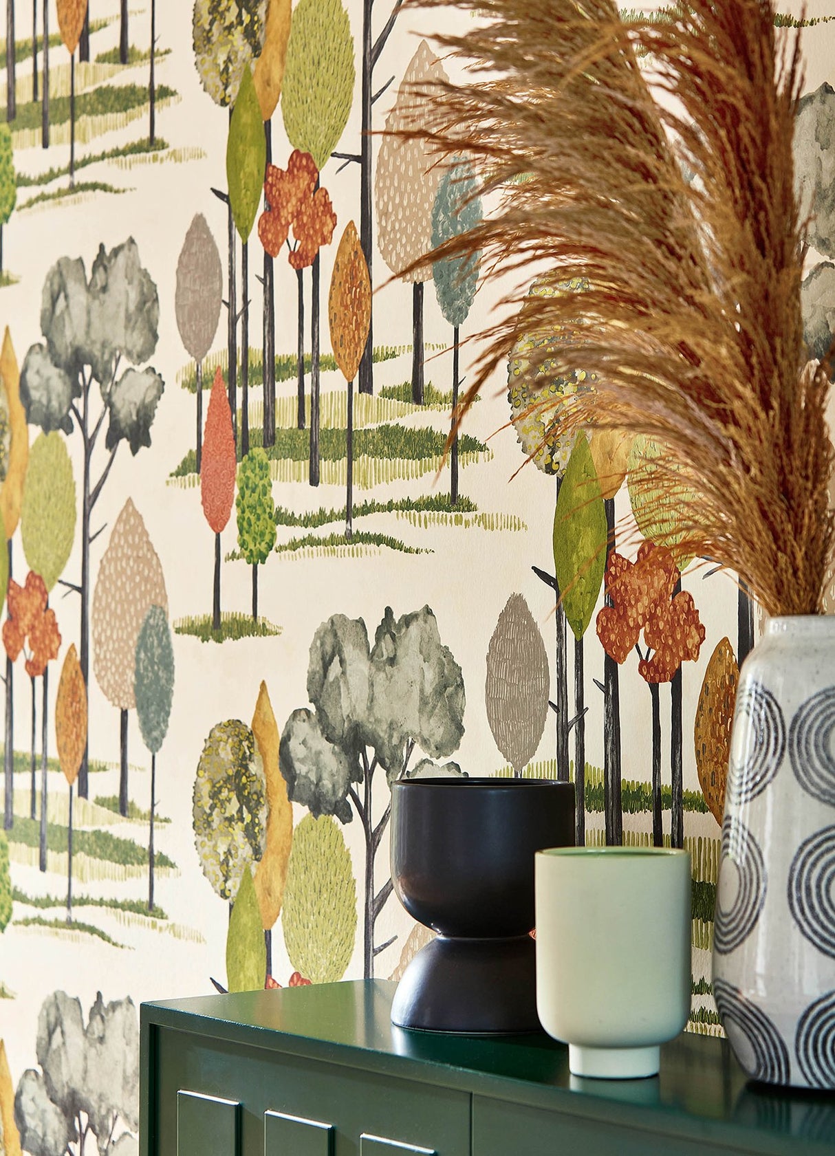 Cypress Olive Tall Trees Wallpaper with Botanical Farmhouse Motif - ohpopsi CEP50135W