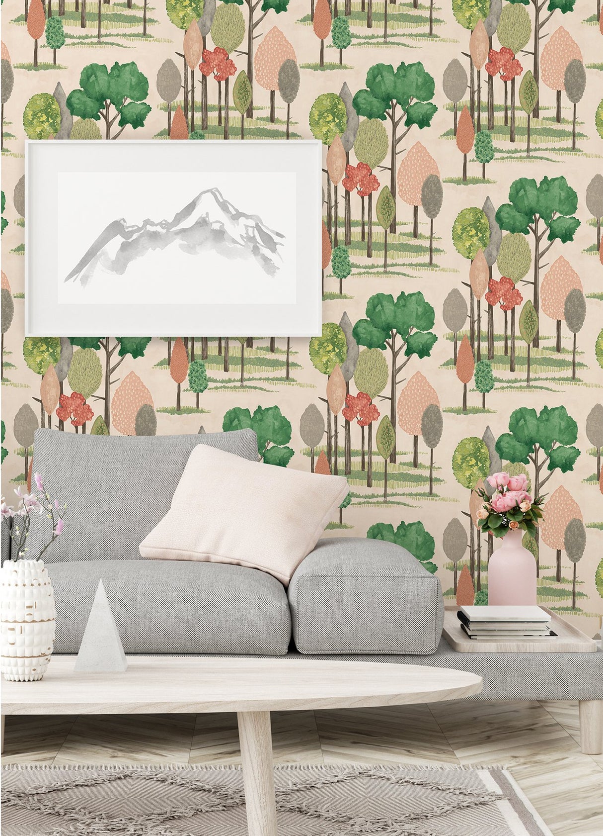 Cypress Pink Tall Trees Wallpaper with Botanical Farmhouse Motif - ohpopsi CEP50136W