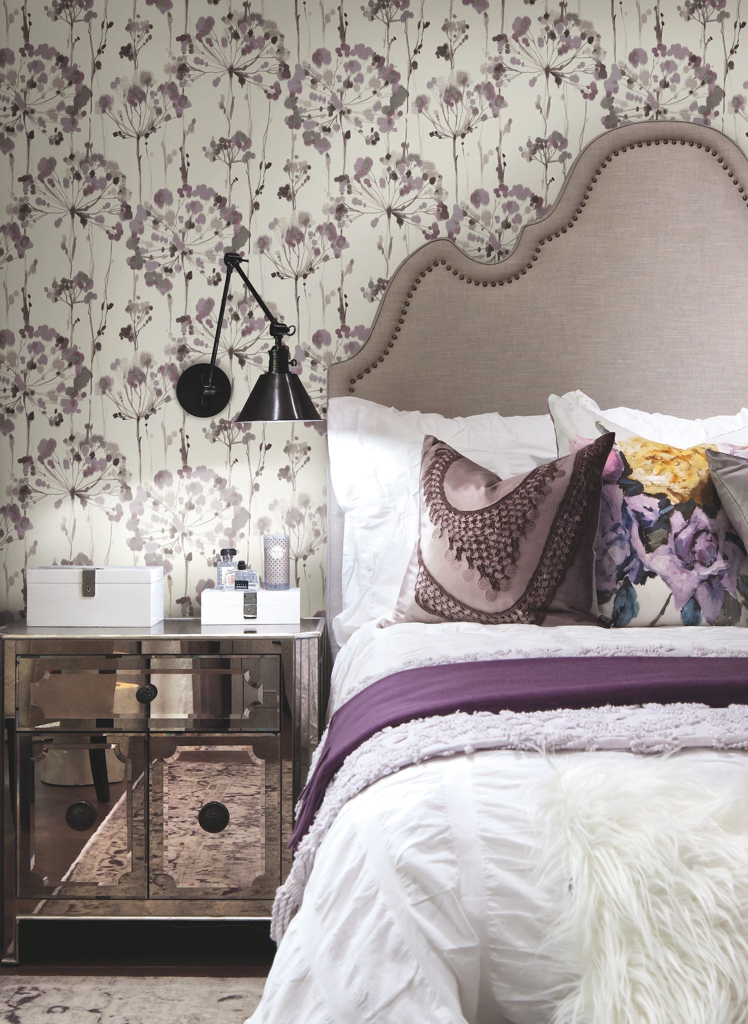 Flourish Purple Wallpaper with Watercolor Floral Motif - York CI2424