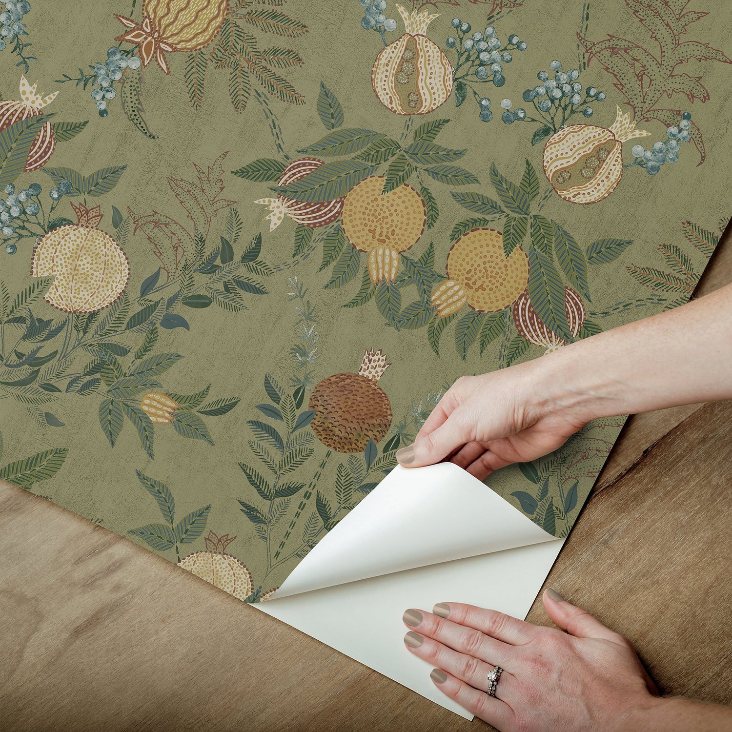 Melograno Moss Peel & Stick Wallpaper with Botanical Damask Motif - CJS6317