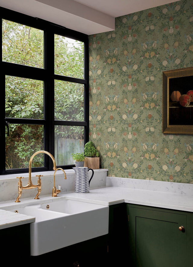 Melograno Moss Peel & Stick Wallpaper with Botanical Damask Motif - CJS6317