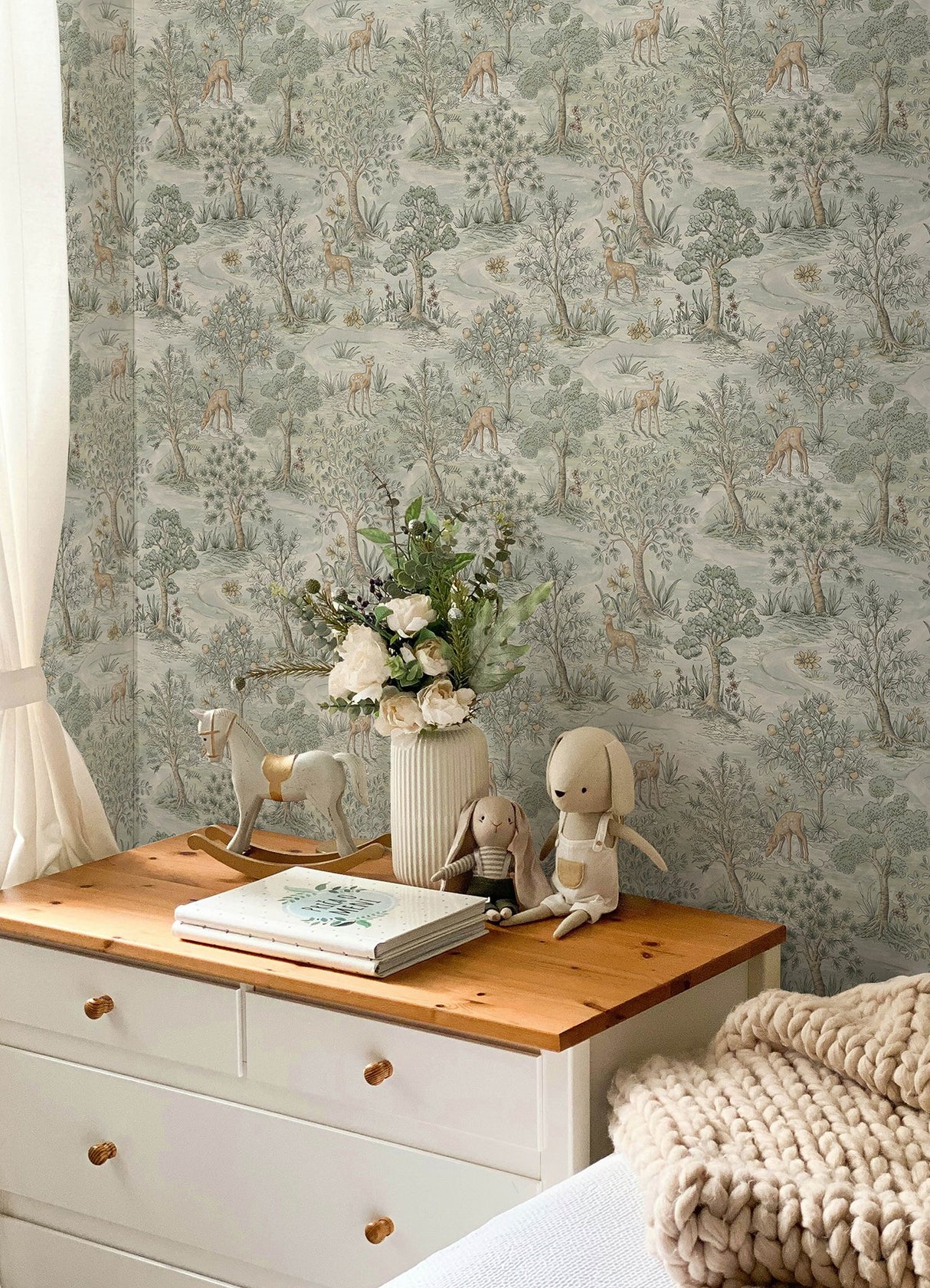 Bramble Wintergreen Peel & Stick Wallpaper with Traditional Toile Woodland Motif - NuWallpaper CJS6321