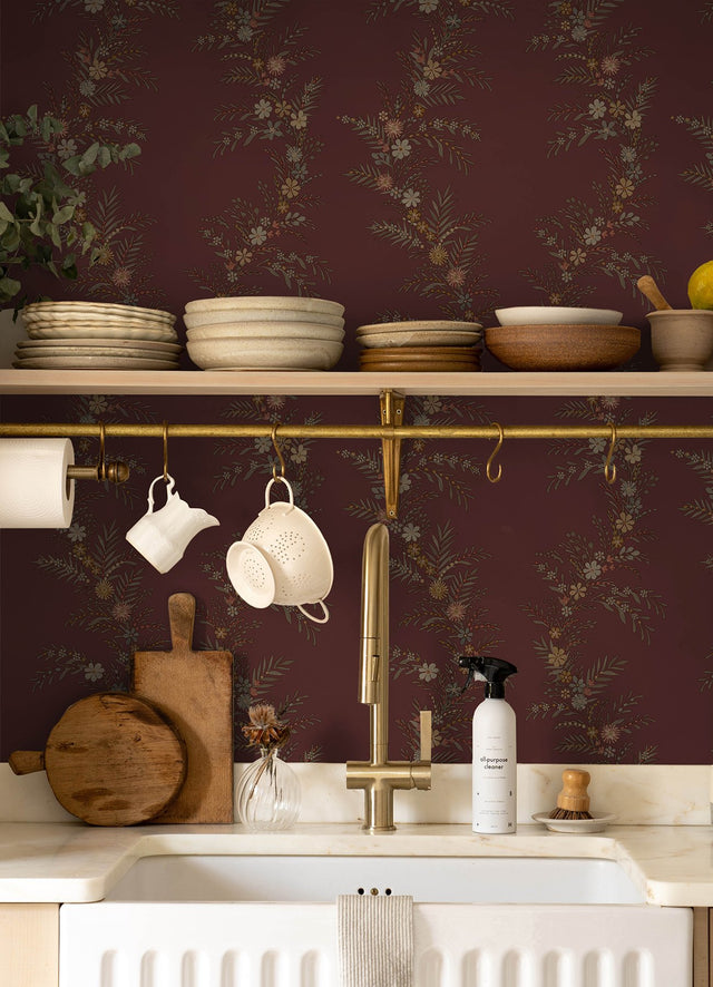 Posy Cranberry Peel & Stick Wallpaper with Botanical Vine Motif - Brewster CJS6322