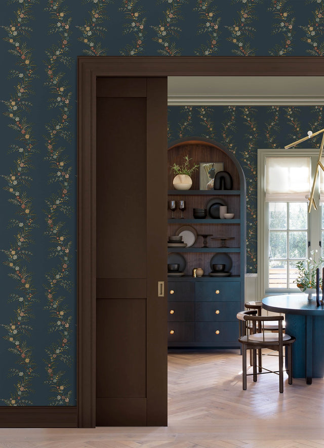 Posy Midnight Peel & Stick Wallpaper with Botanical Vines - NuWallpaper CJS6324