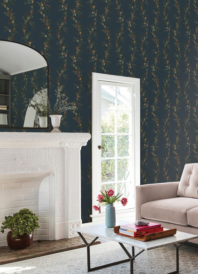 Posy Midnight Peel & Stick Wallpaper with Botanical Vines - NuWallpaper CJS6324