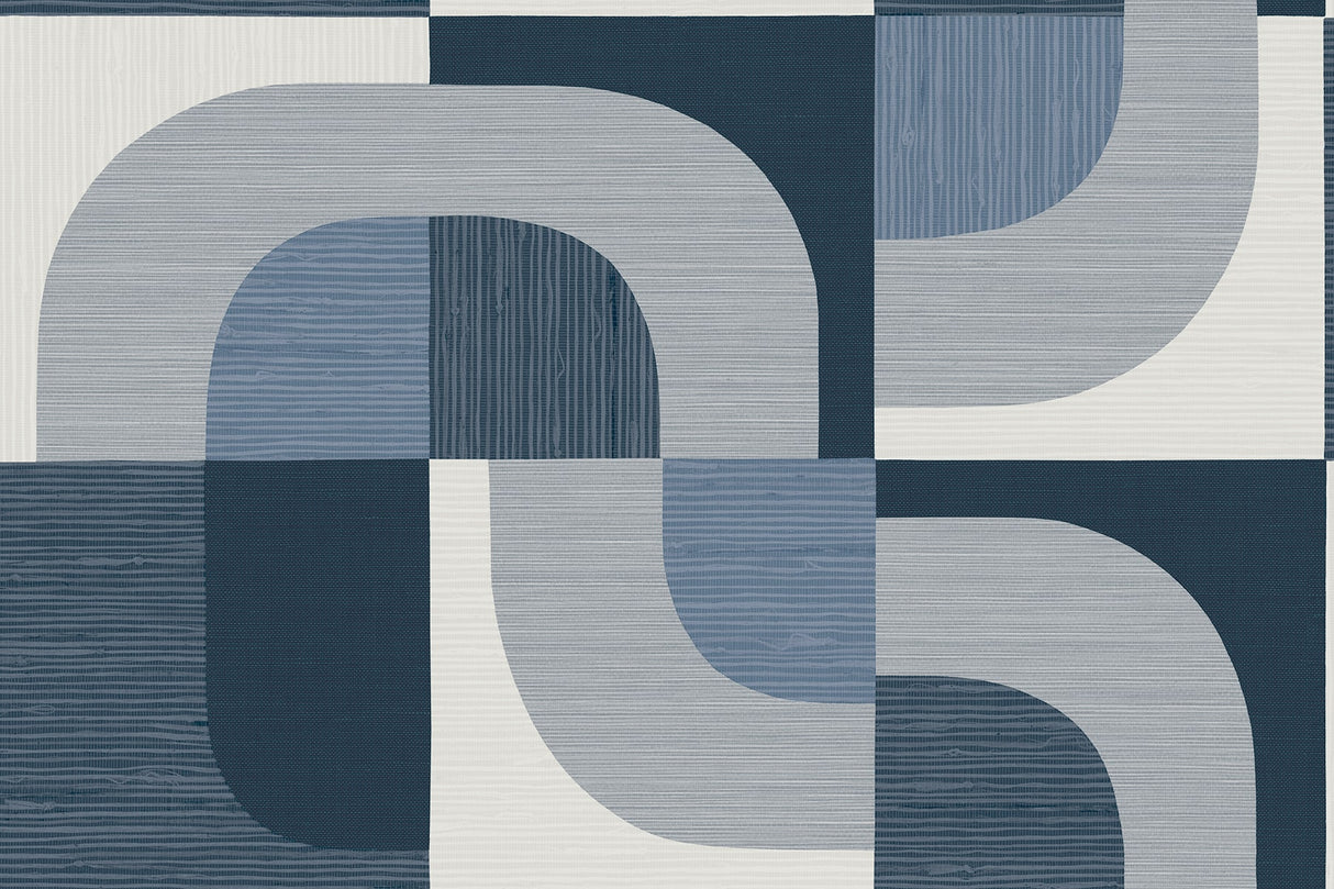 Tampere geometric wallpaper in Nile blue and white with curved block shapes