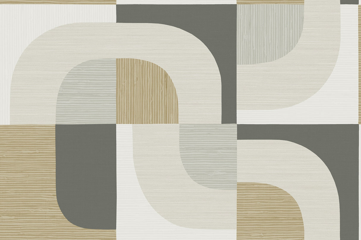 Geometric wallpaper pattern in cool neutrals with curved block shapes in gray, beige, and off-white (Tampere, Suite).