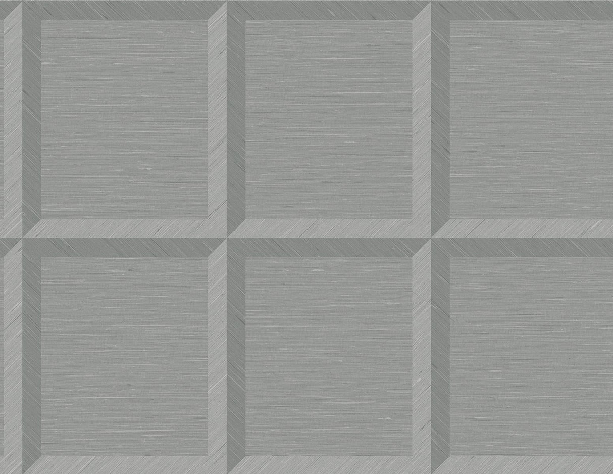 Gray geometric framed-square pattern wallpaper sample in Seabrook Designs Oulu, color Icy Path