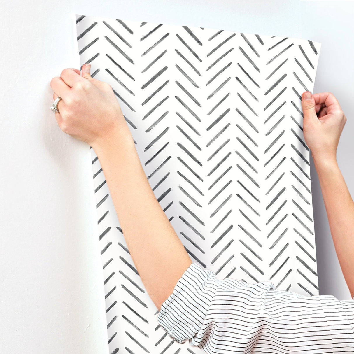 Painted Herringbone Black Wallpaper with Hand-Brushed Chevron Motif - York CV4454