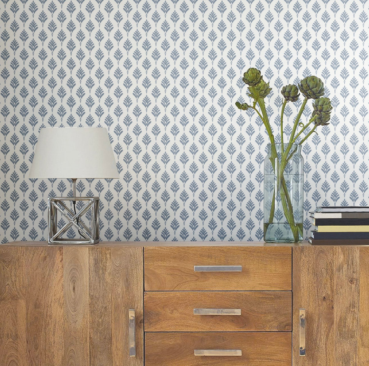 French Scallop Blue Wallpaper with Ikat Coastal Motif - York CV4459