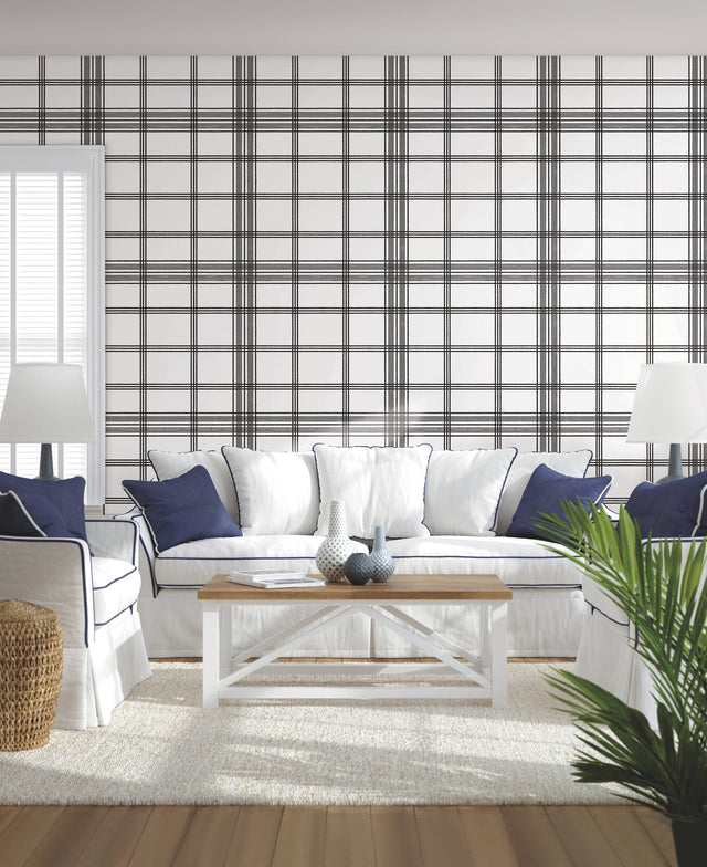 Charter Plaid Black Wallpaper with Menswear Windowpane Pattern - York CV4464